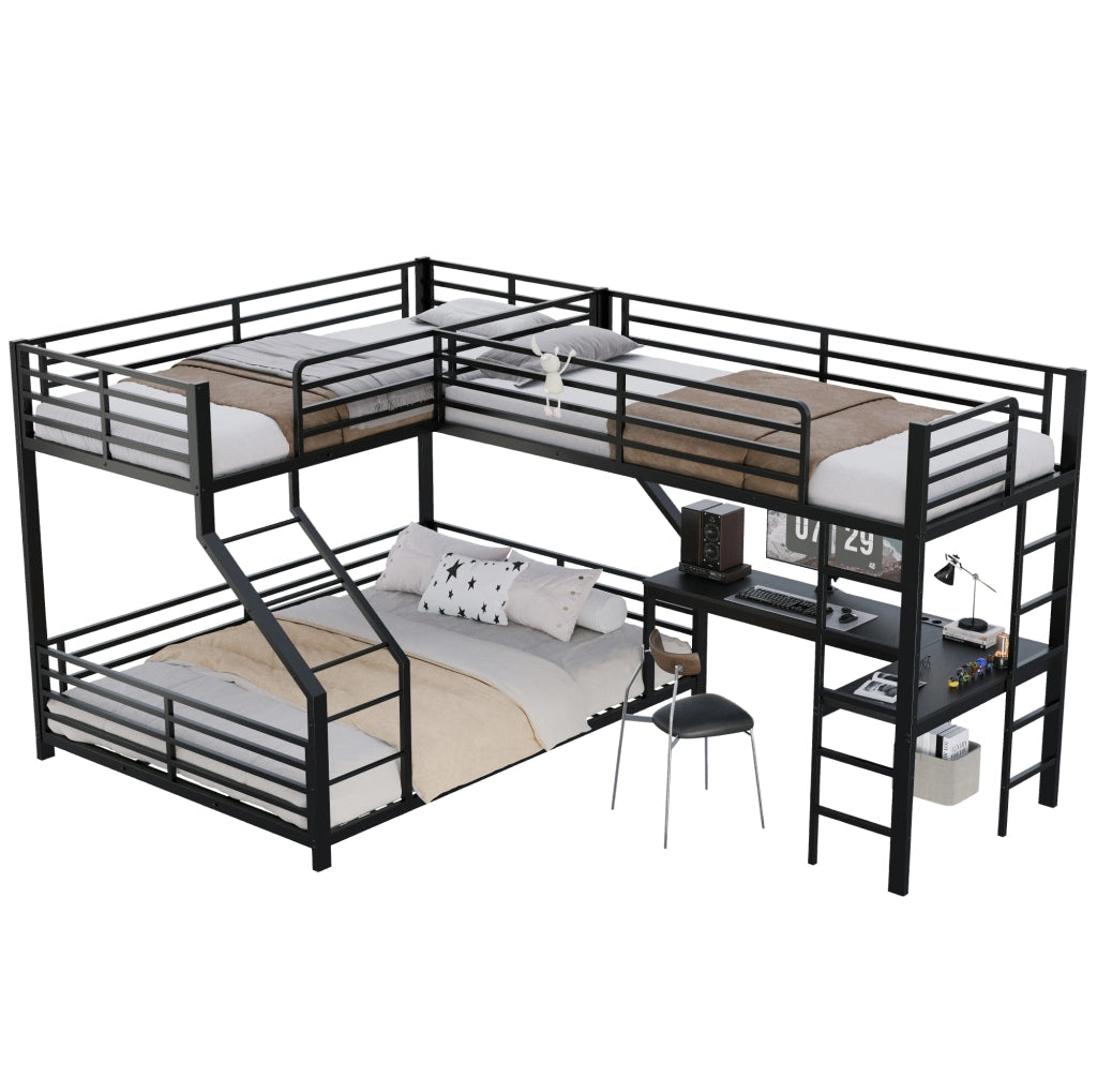 Letto a castello triplo in metallo nero con scrivania e prese USB