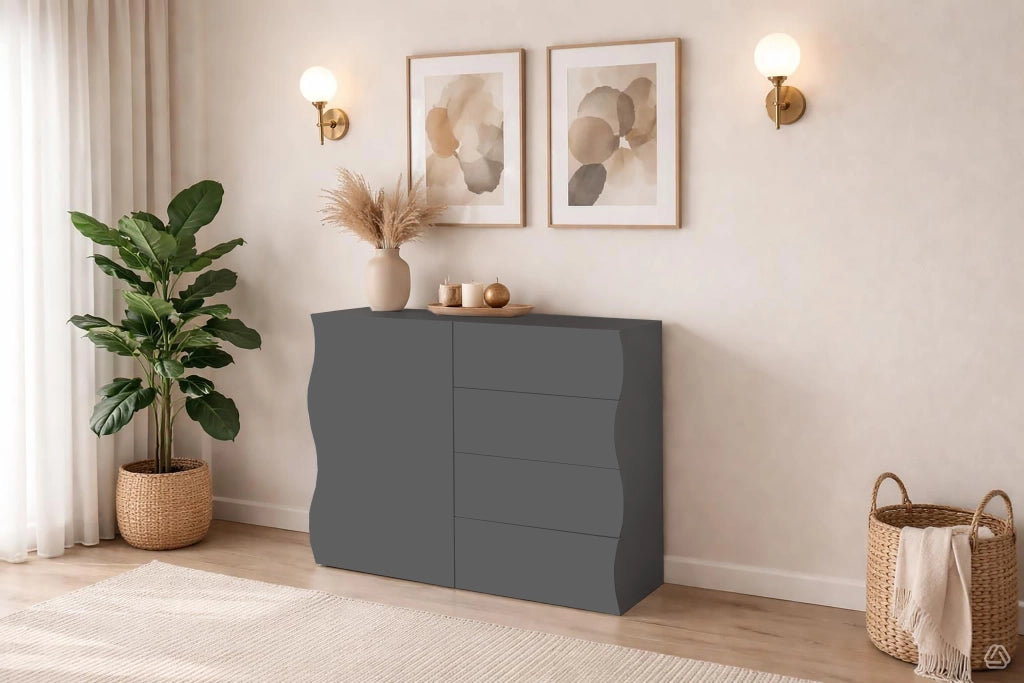 Mobile Multiuso 1 Anta 4 Cassetti Onda 90x40x81 cm Finitura in Melamina Antracite Opaco