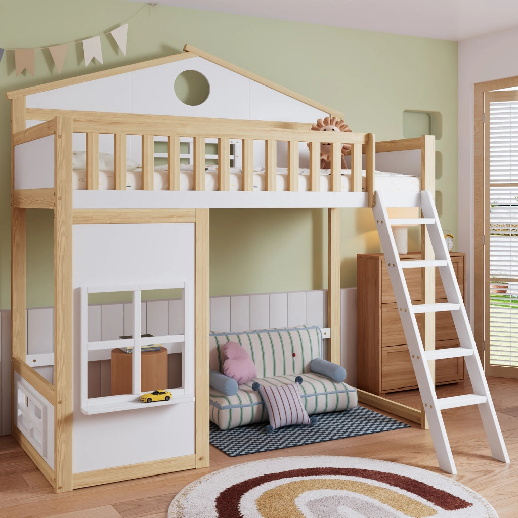 Letto a castello per bambini - Zephmum- Con scala, tetto, finestra e protezioni- 90x200cm- Bianco e naturale