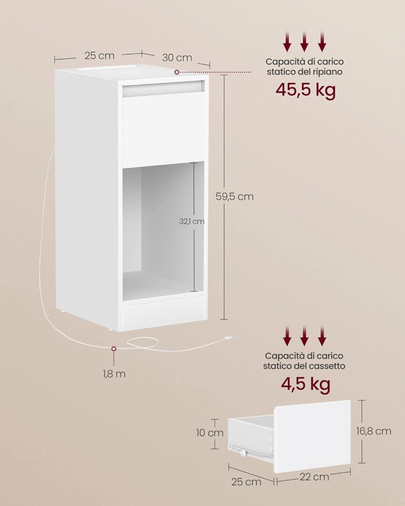 VASAGLE Comodino sottile con stazione di ricarica e luce LED, set di 2 tavolini laterali stretti, porte USB, cassetto e scomparto aperto, per camera da letto, soggiorno, bianco nuvola LET710W01