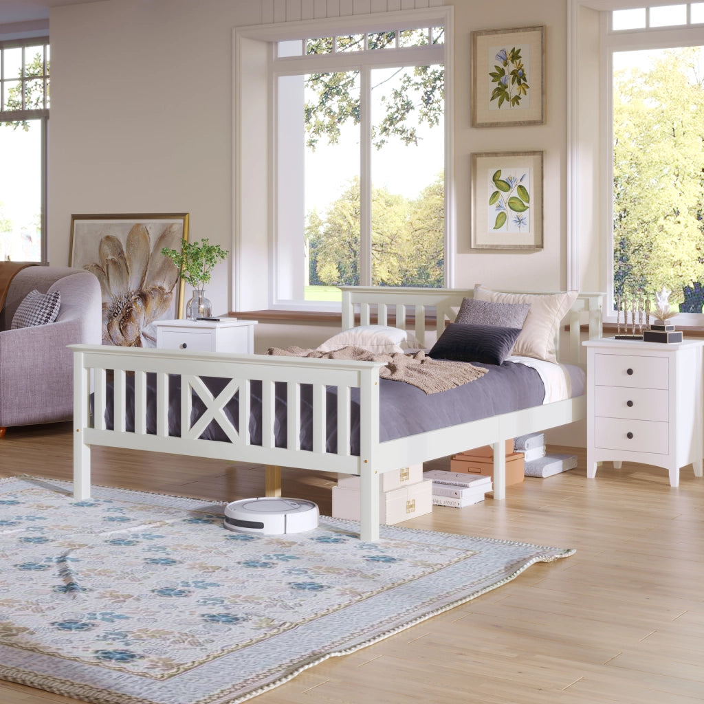Letto Matrimoniale 140 x 200 cm con Testiera a X e Doghe Integrate; senza Materasso; in Legno Massello; Bianco