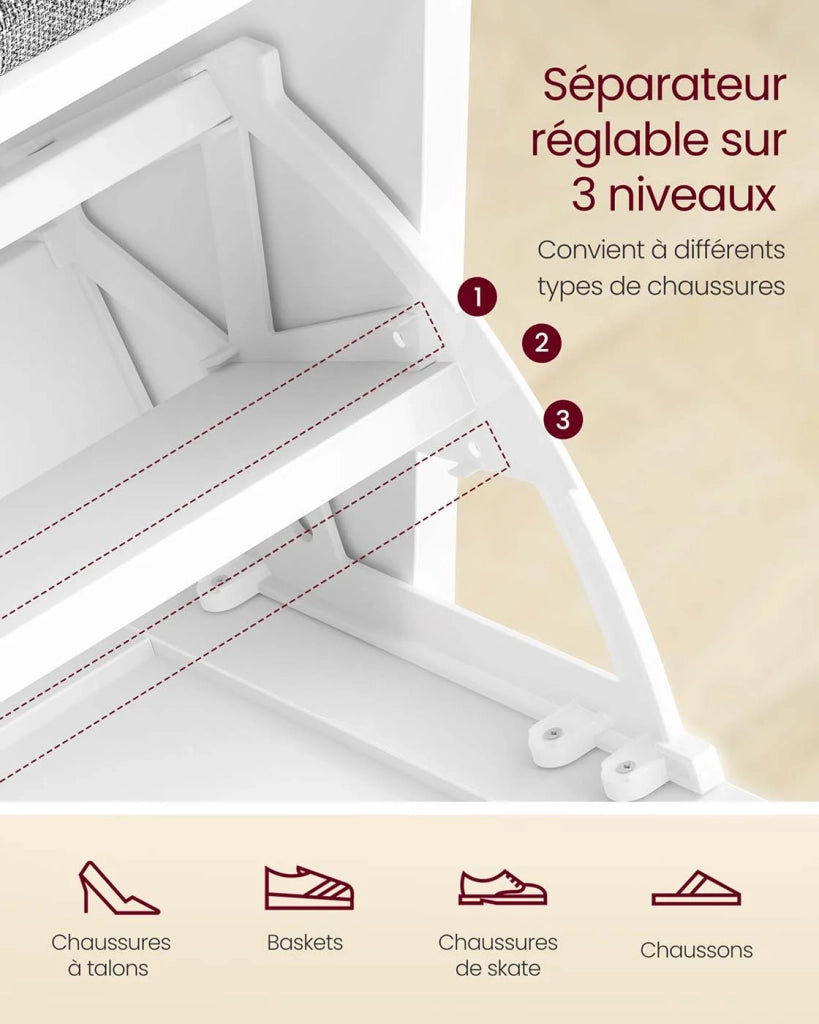 Panca portascarpe imbottita mobile da ingresso a 3 ripiani per 6 paia di scarpe cassetto a ribalta 30 x 60 x 535 cm per ingresso o camera da letto bianco 12_0008038