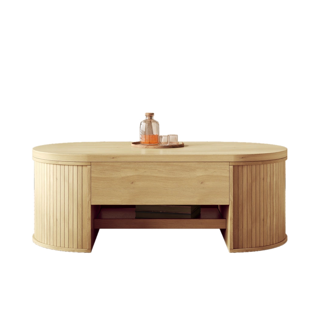Tavolino da Salotto Alzabile con Piano Regolabile e Ripiano Estraibile; Stile Moderno; in MDF; 110×55;5×40 cm; Naturale