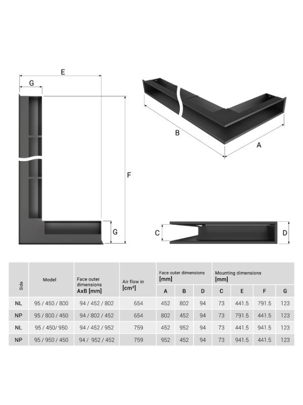 Griglia di ventilazione Angolare per camino 95x800x450 - Loft Angle sinistra bianca