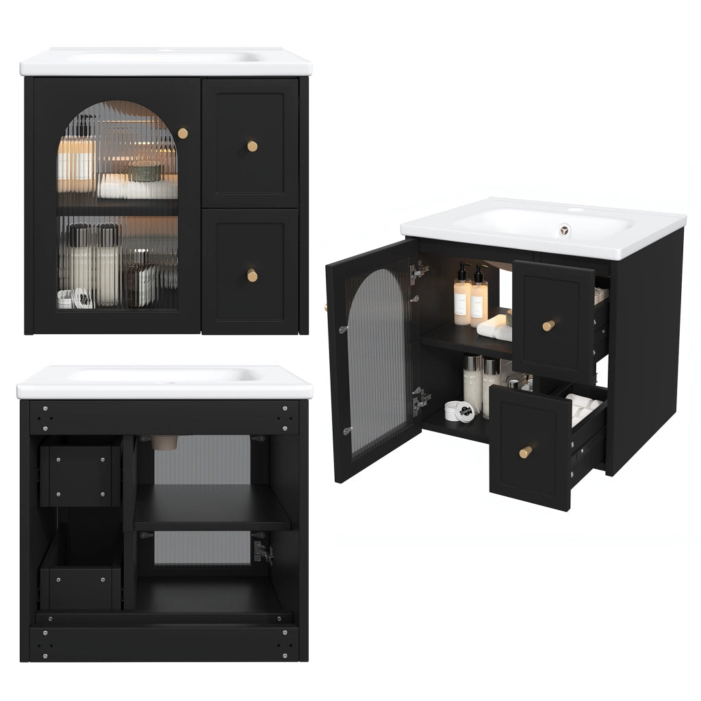 Mobile Bagno Sospeso con Lavabo in Ceramica, LED e Anta in Vetro ¨C MINIMAL ¨C Nero/Bianco