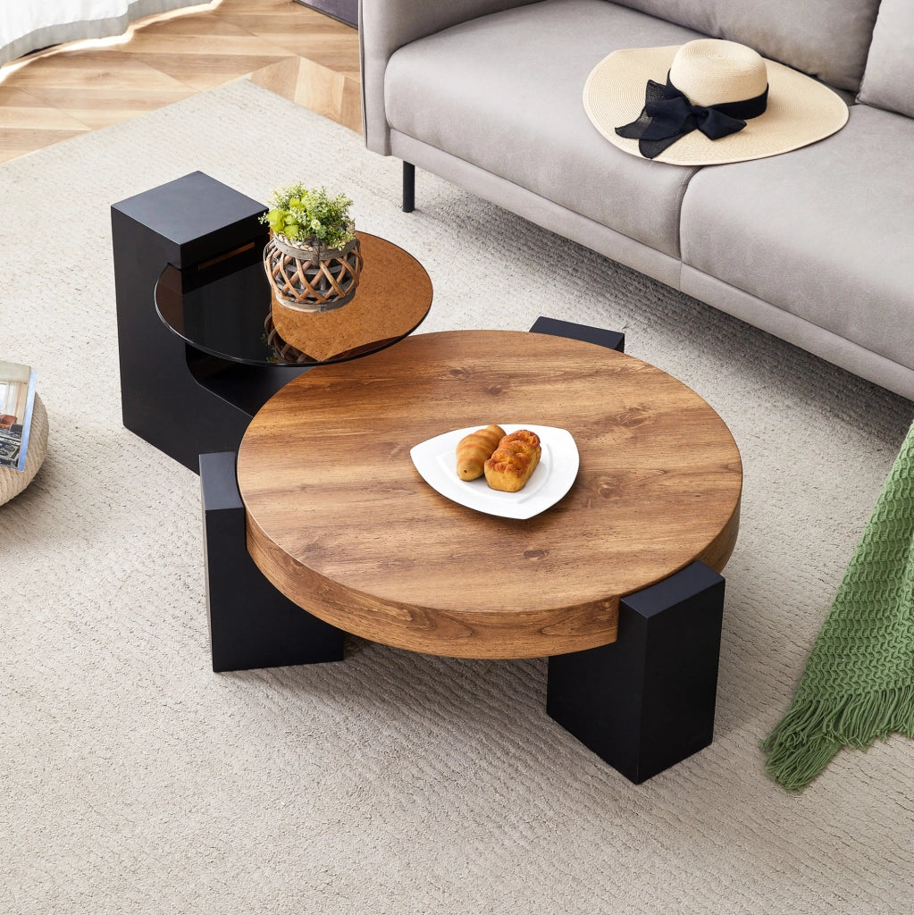 Set 2 tavolini rotondi in MDF e vetro, nero effetto legno