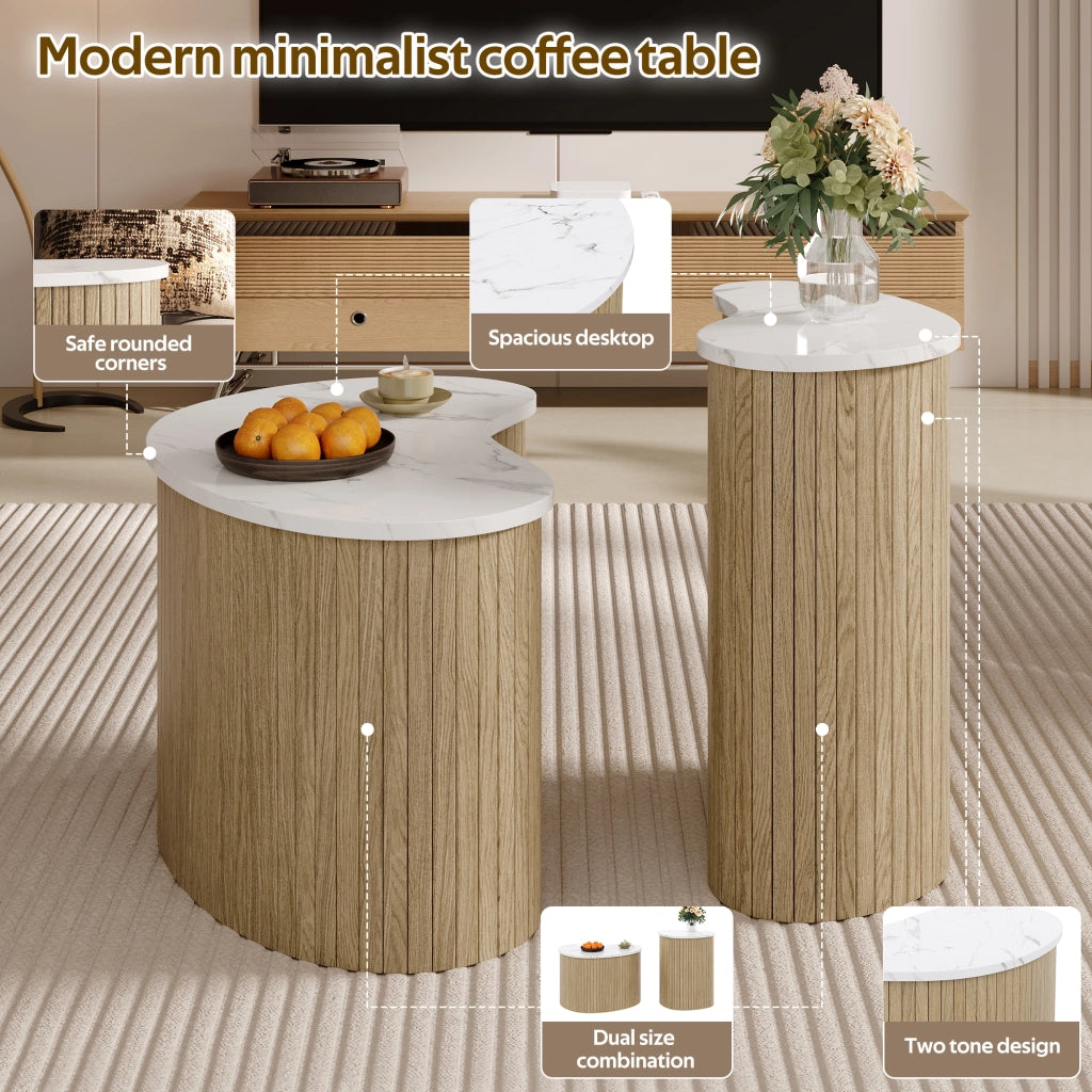 Tavolini bassi impilabili con design curvo piano effetto marmo e legno MDF naturale e bianco 60 × 37 × 38 cm