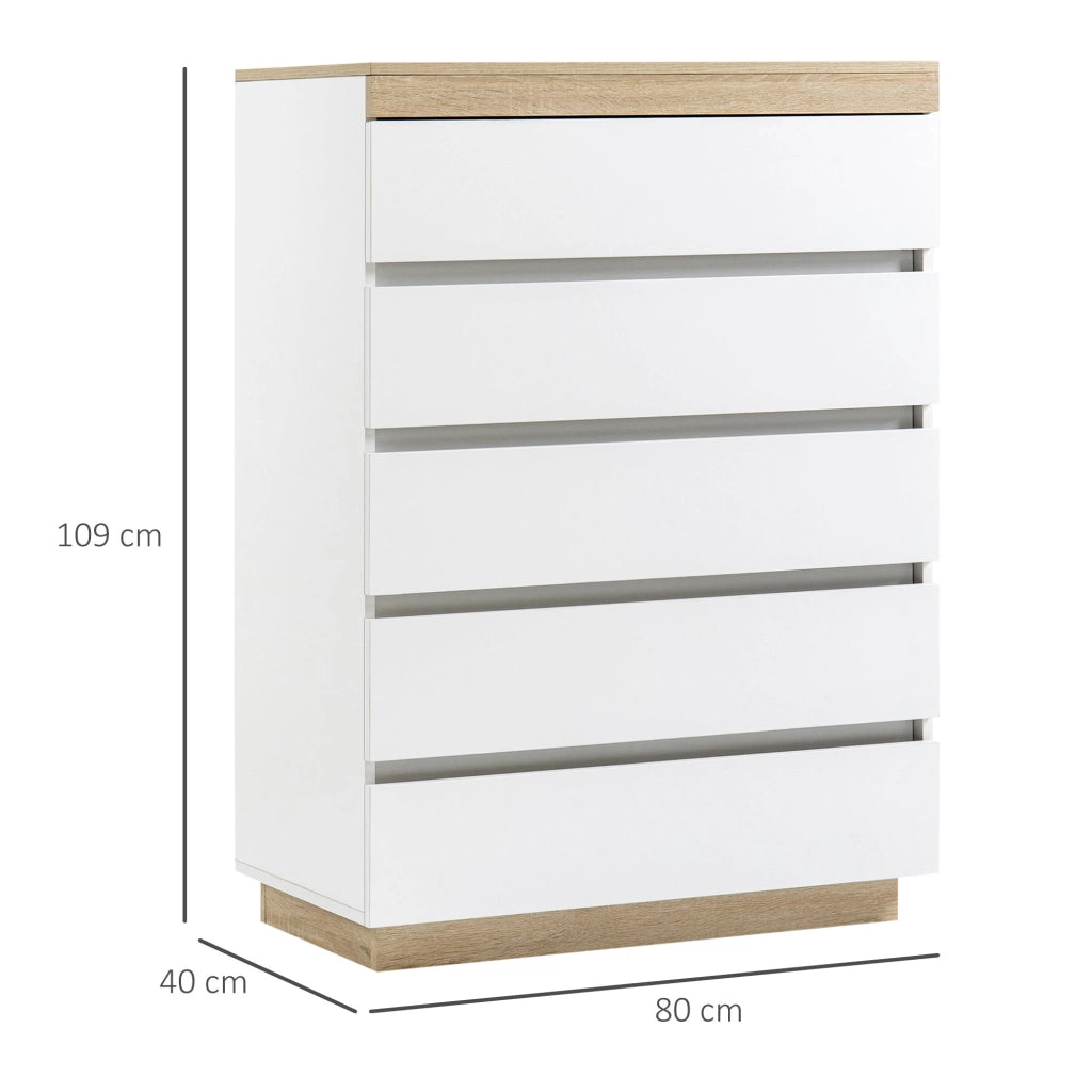 Cassettiera 5 Cassetti Design Minimal 80x40x109 cm Bianco e color Rovere