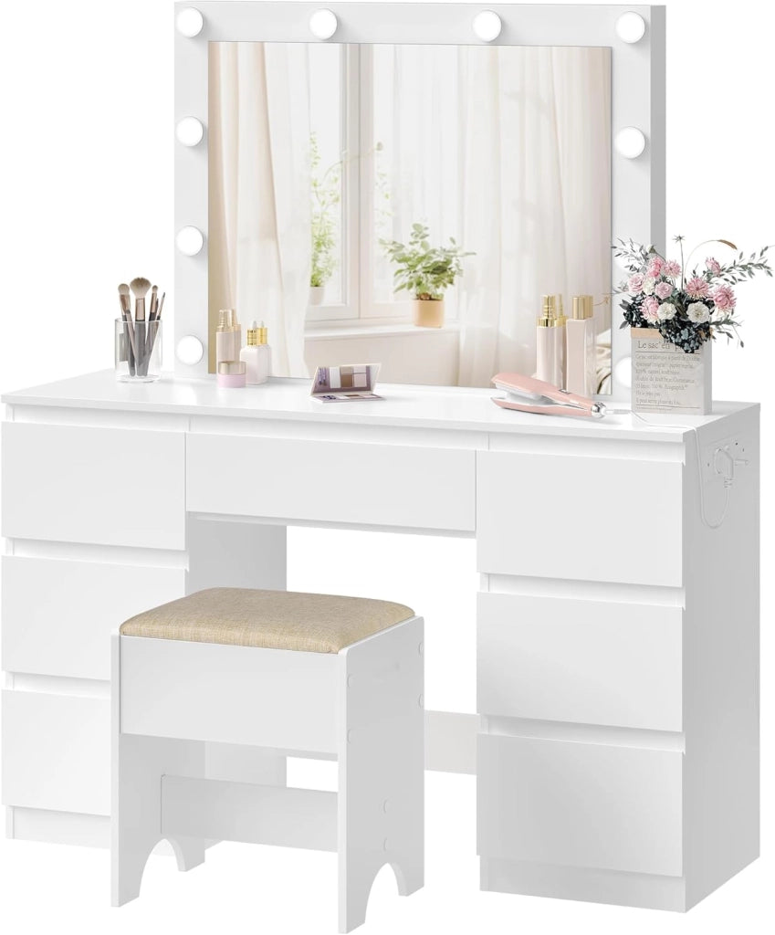 Toeletta da Trucco con Specchio LED Regolabile, Tavolo da Trucco Moderno con Cassetti e 2 Prese, 1 USB-A e 1 USB-C, Cavo di 1,5 m, Bianco