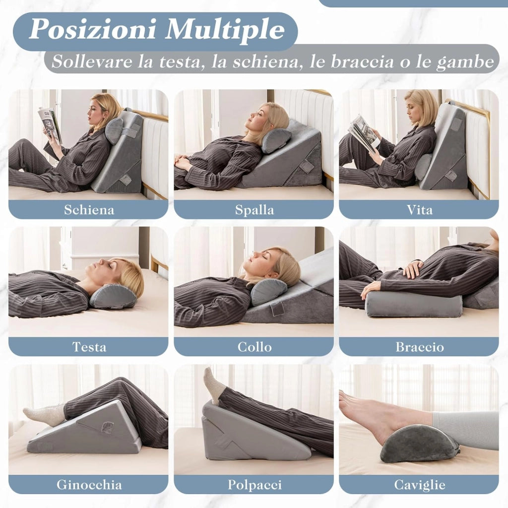 Set di 3 Cuscini a Cuneo per Letto, Cuscino Inclinabile Regolabile con Schiuma Memory Air, Set di Cuscini Alleviare il Dolore alla Schiena (Grigio)