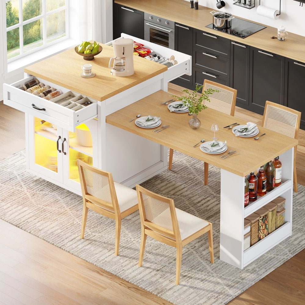 Isola Cucina Allungabile con LED ¨C Xylo ¨C MDF, Cassetti, Ante in Vetro