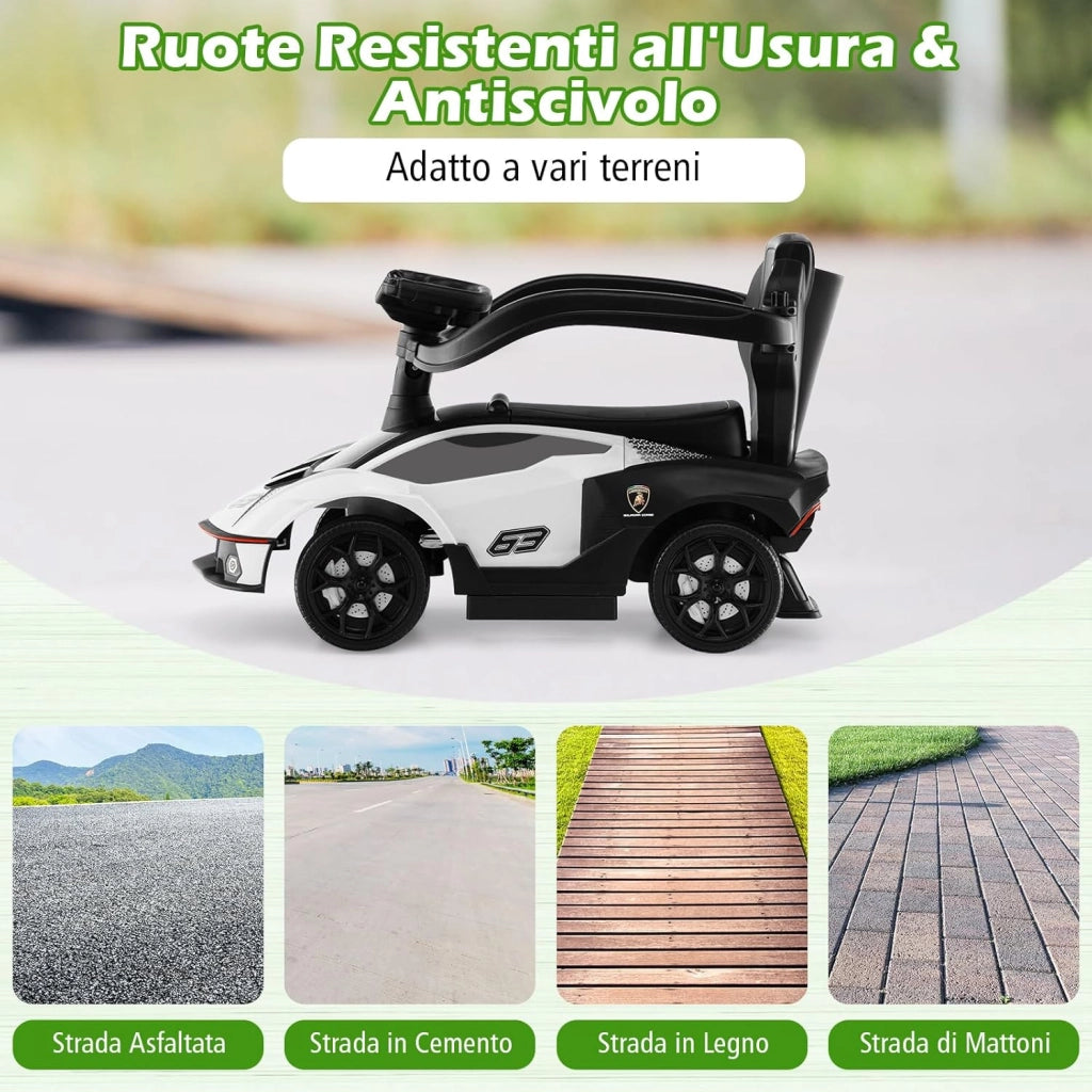 3 in 1 Lamborghini Auto a Spinta per Bambini, Macchina Cavalcabile con Impugnatura e Scatola di Stoccaggio, Ideale per Bambini 12-36 Mesi (Bianco)