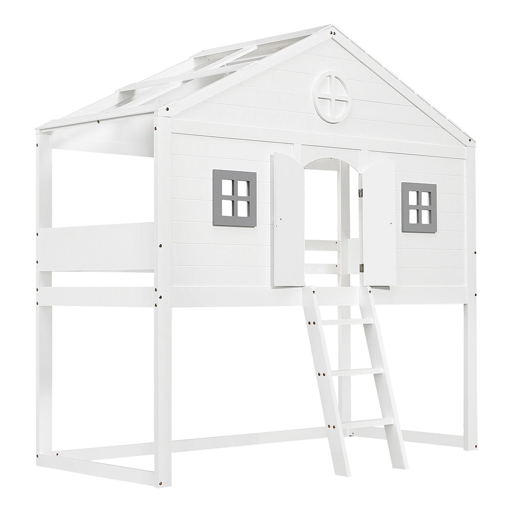 Letto Casa Bambini – Xylo – 90x200cm, Scala, Protezione Anti-Caduta, 2 Finestre Grigie, Ripostiglio Sottoletto, Bianco/Grigi
