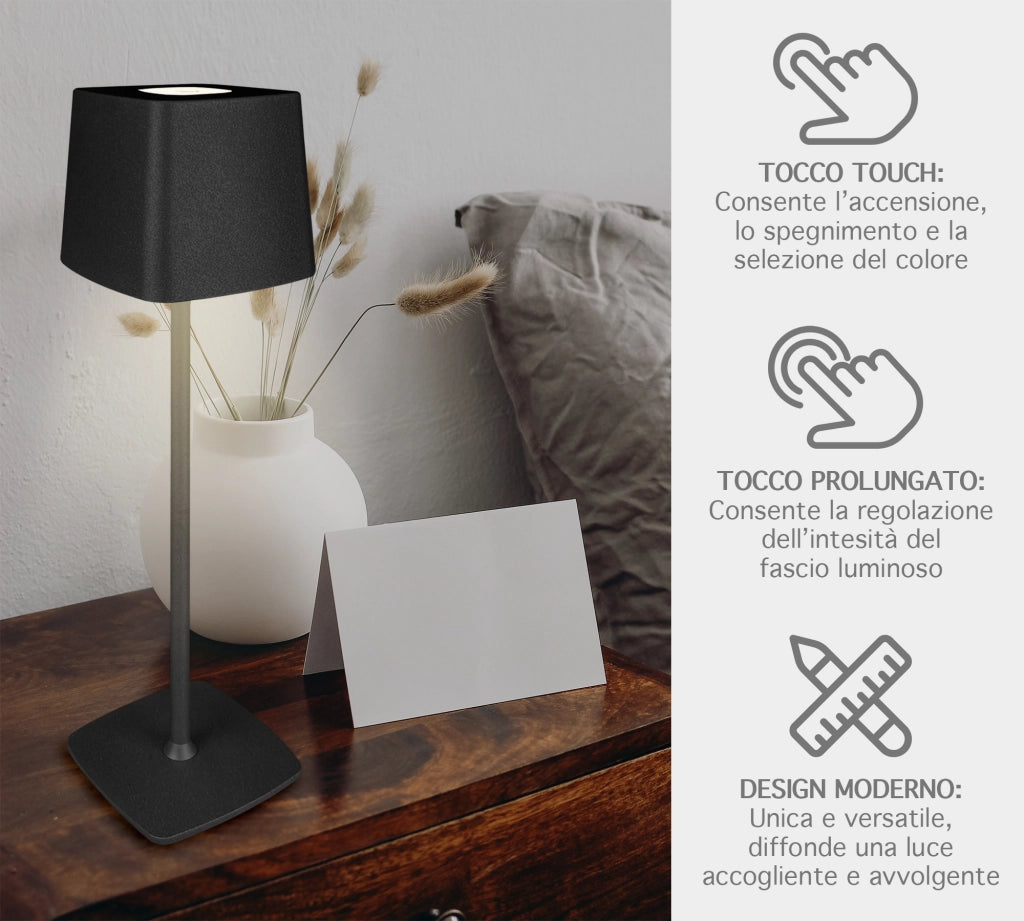 Coppia Di Lampada Da Tavolo LED Set 2 Pezzi Design Moderno Senza Fili Ricaricabile Controllo Touch Selezione Colore Intensità Dimmerabile Altezza Regolabile Con Adattatore Per Bottiglia 3000/4500/600K  2Pz-Quadrata-Nero