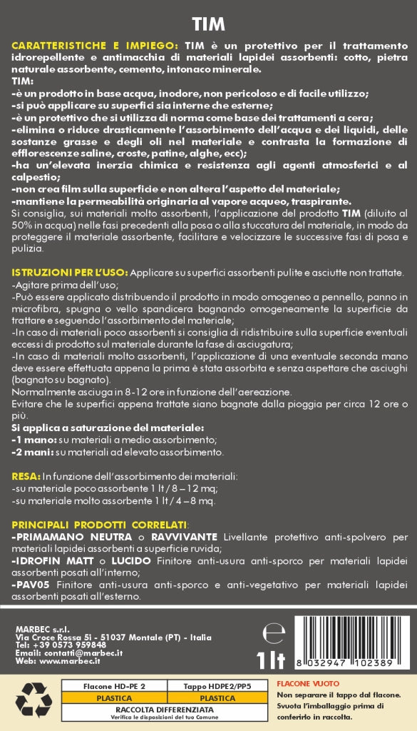 Trattamento idrorepellente antimacchia per cotto e pietre TIM   1LTx6Pz