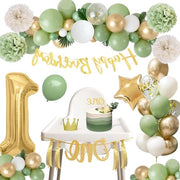 Decorazione di compleanno per bambino di 1 anno - verde bianco oro - palloncini - cartellone di compleanno
