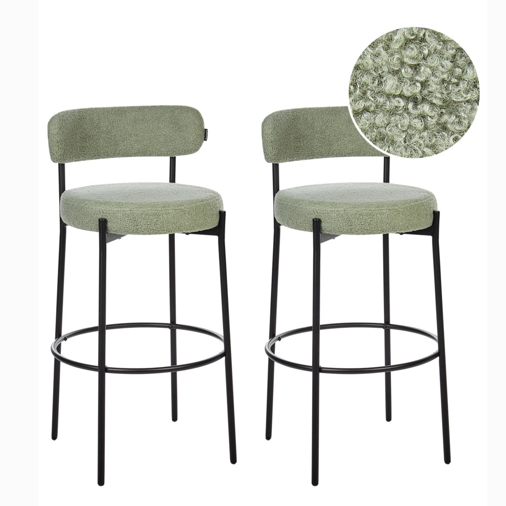 Set di 2 sedie da bar tessuto bouclé verde chiaro con gambe in acciaio nero sala da pranzo stile moderno