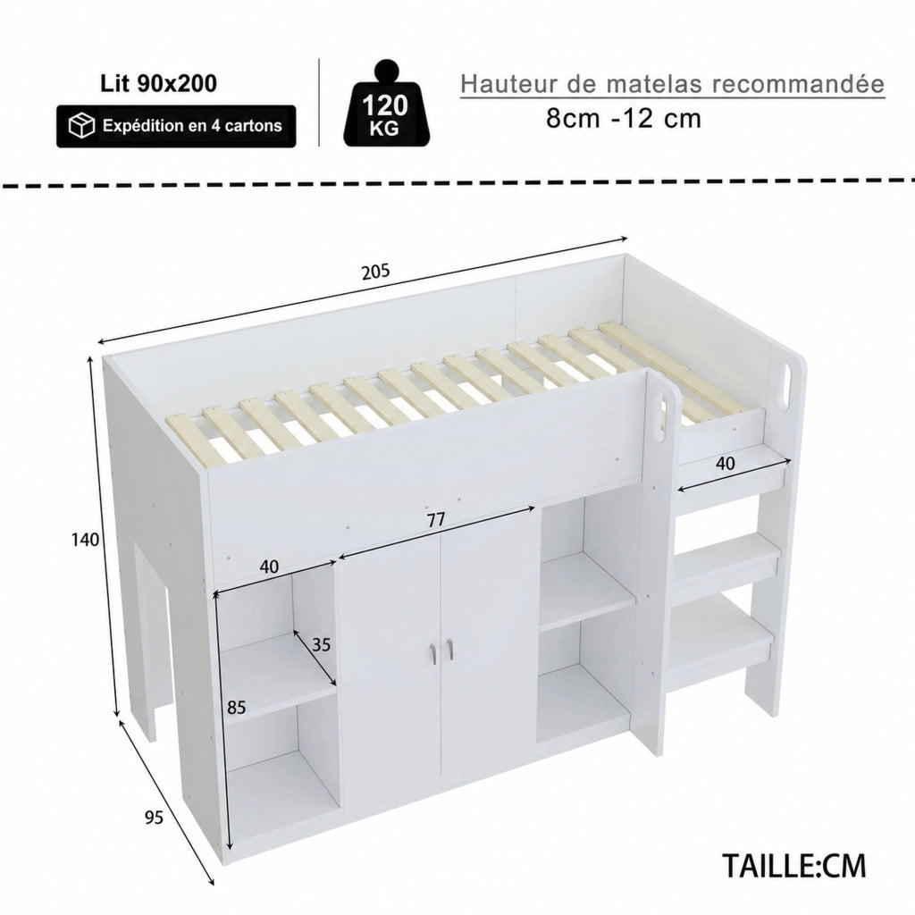 DESMIU Letto a Soppalco 1 Posto con Armadio, Scaffali e Scala 90 × 200 cm, senza materasso, Bianco