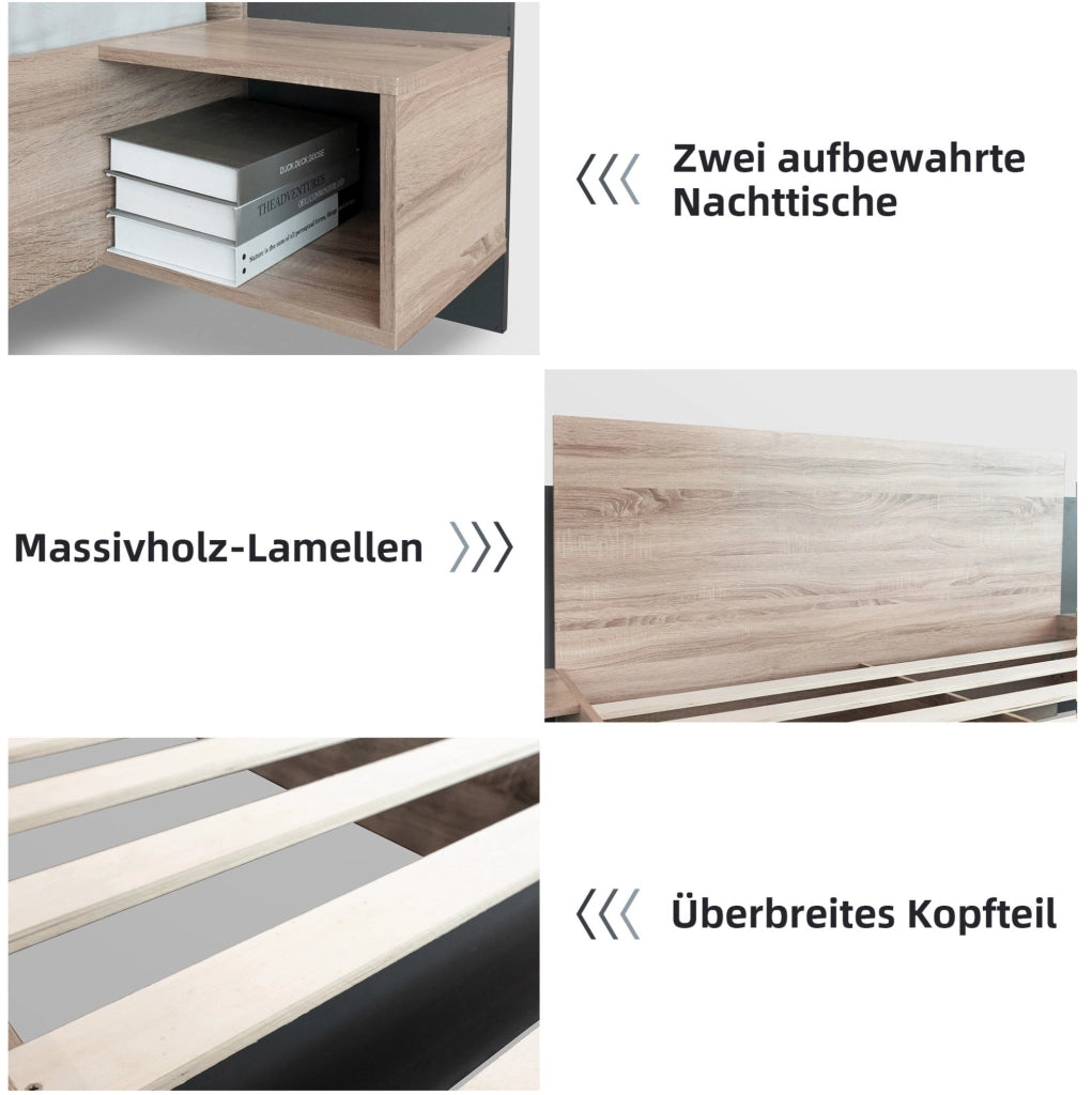 Letto matrimoniale 160x200 cm in legno massiccio con 2 comodini integrati; sonoma e grigio scuro
