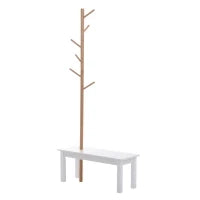Panca con Appendiabiti da Ingresso, Attaccapanni da Terra in Bambù, Panca da Ingresso Bianca, Design, anche per Camera da Letto, 80x30x180cm, Bianco Legno