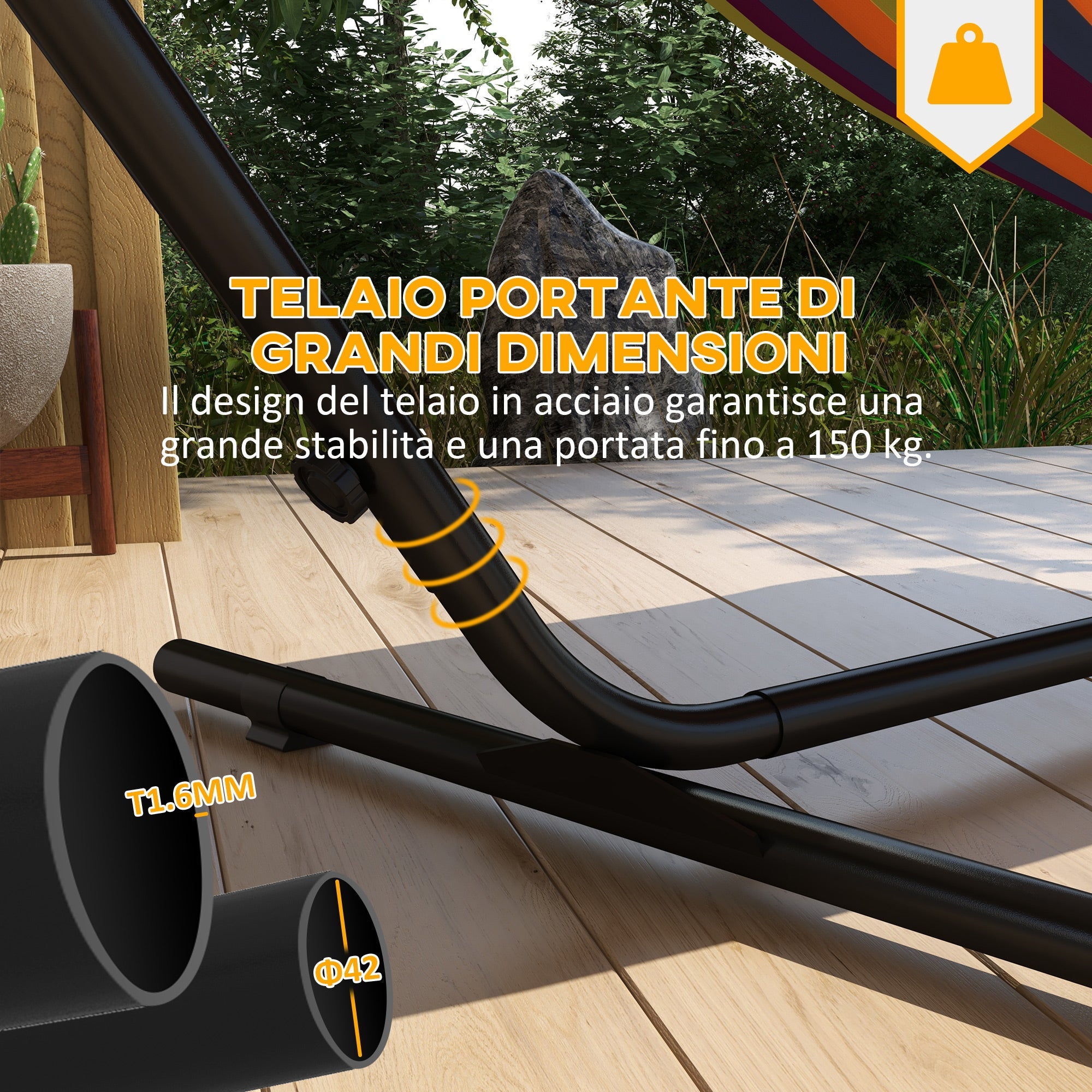 Supporto per Amaca max 150kg con Tavolino Integrato 285x125x110 cm in Acciaio Nero