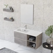 Mobile bagno sospeso 100 cm grigio cemento con cassetti e vani a giorno completo di lavabo a sinistra e specchio Master