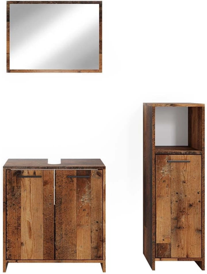Set mobili bagno Kiko, Rovere rustico, 58 cm, composto da mobile sottolavabo, specchiera e mobile medio