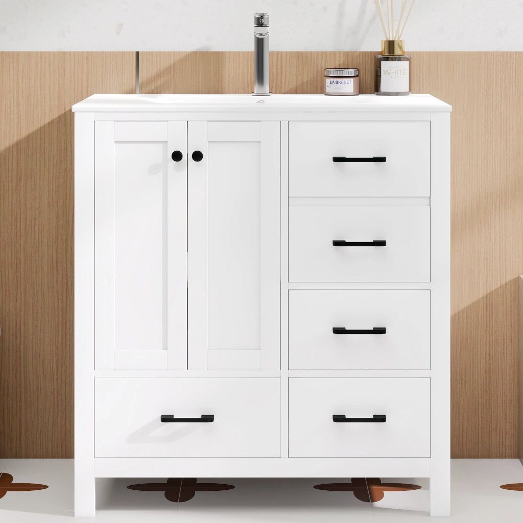 Mobile sottolavabo con lavabo in ceramica, 1 anta, 4 cassetti e 3 ripiani, per bagno, bianco, 76 × 46 × 82 cm