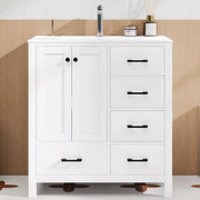 Mobile sottolavabo con lavabo in ceramica, 1 anta, 4 cassetti e 3 ripiani, per bagno, bianco, 76 × 46 × 82 cm