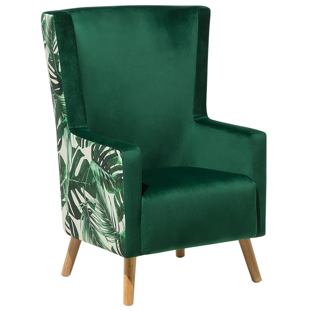 Sedia Wingback con rivestimento in velluto rosa e gambe in legno con schienale alto