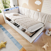 Letto imbottito 90x200 cm con contenitore, LED, USB e Type-C