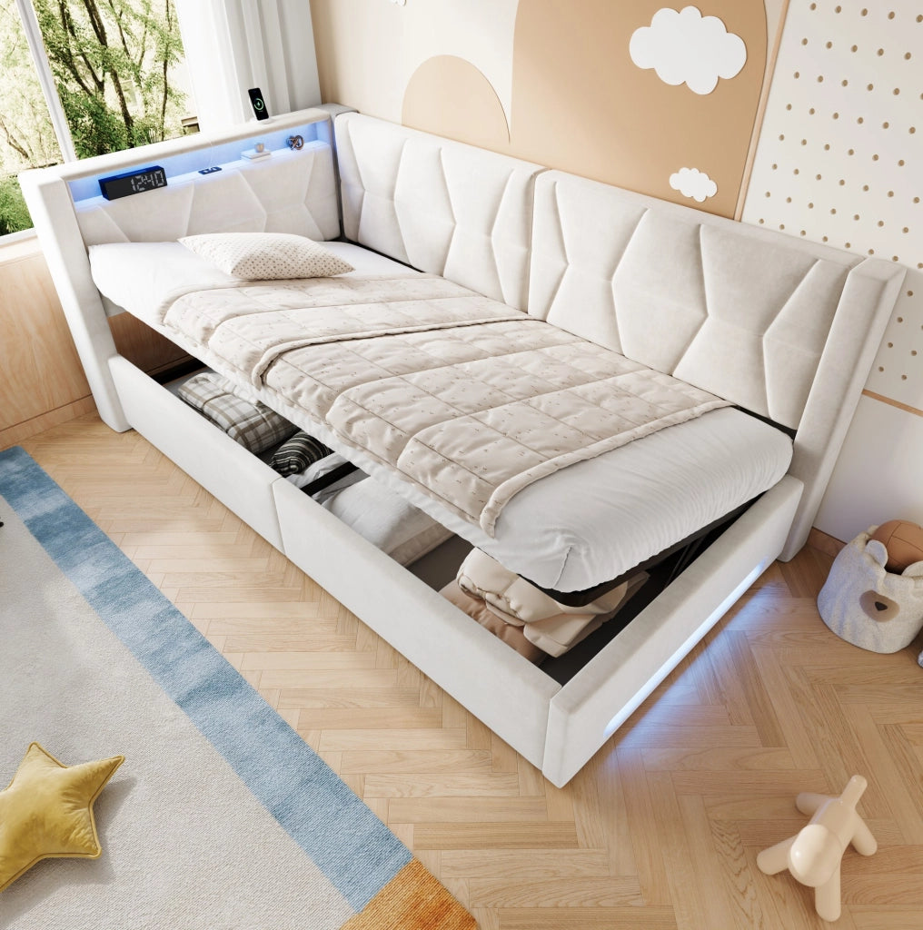 Letto imbottito 90x200 cm con contenitore, LED, USB e Type-C