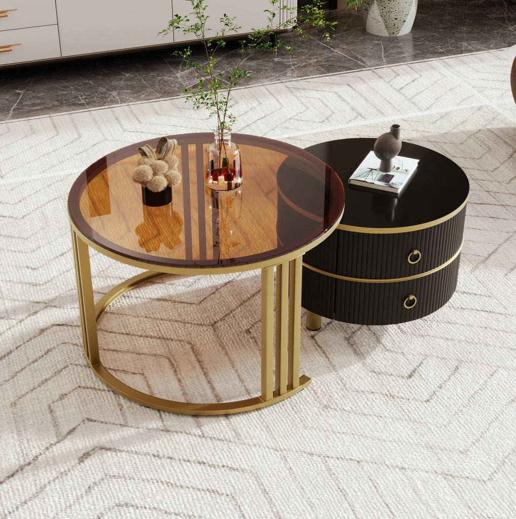 Set di tavolini rotondi da salotto con 2 cassetti nero e oro