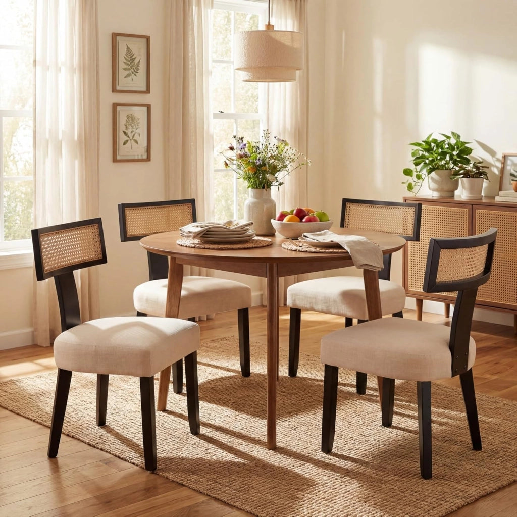 Sedia da Pranzo Imbottita, Sedia da Cucina con Sedile in Tessuto Lino e Schienale Curvo in Rattan, Portata 180 kg, Sgabello Moderno per Soggiorno e Sala da Pranzo, 56x55,5x92,5 cm (Nero)