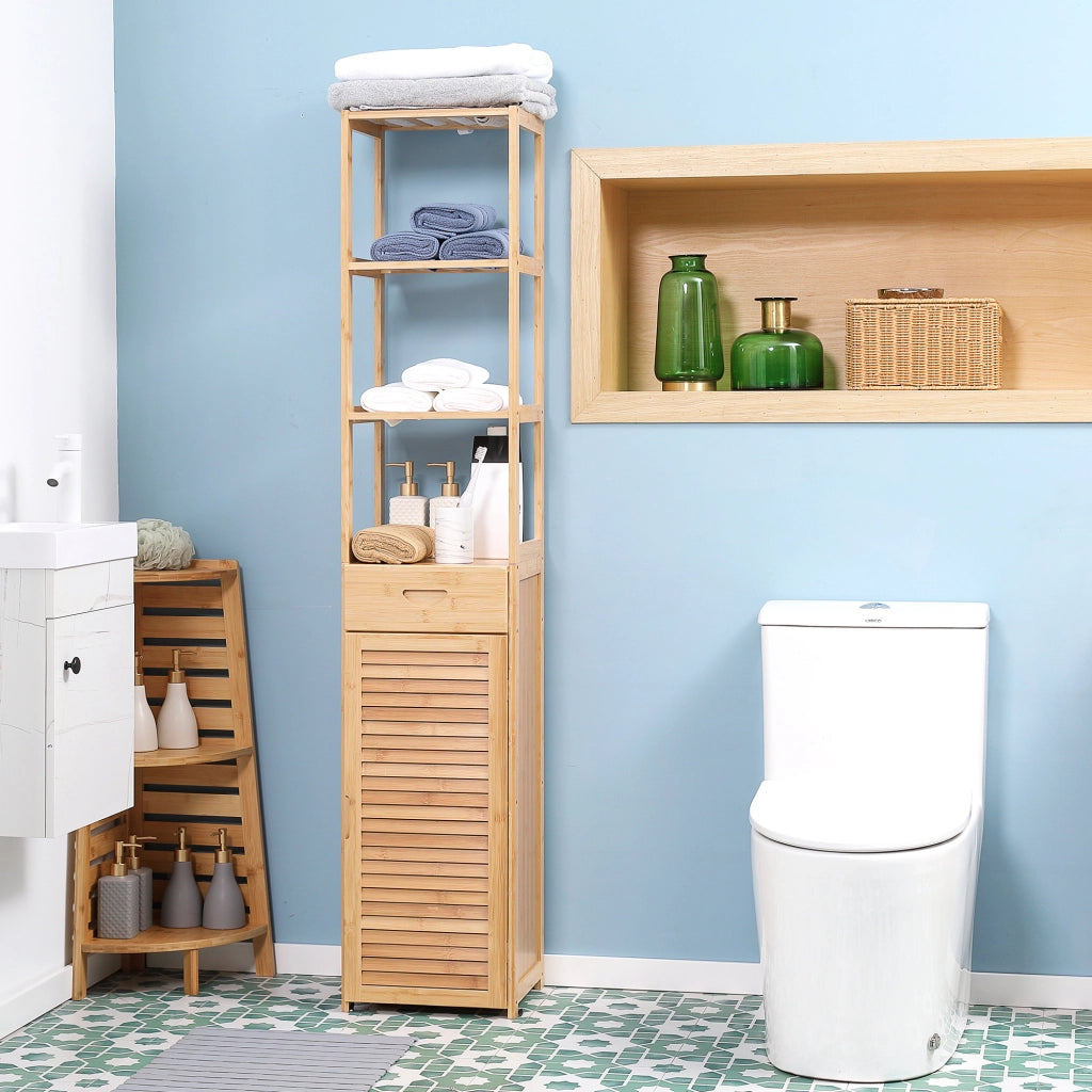 EasyComfort Mobile Bagno Alto in Bambù con 3 Ripiani Aperti, un Cassetto e un Armadietto, 32x30x163 cm, color Legno