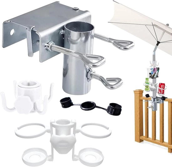 Sostegno per ombrellone in metallo per tavolo con chiusura e ganci - per terrazza, giardino, balcone. Sostegno robusto per ombrellone. Adatto per ombrelloni.