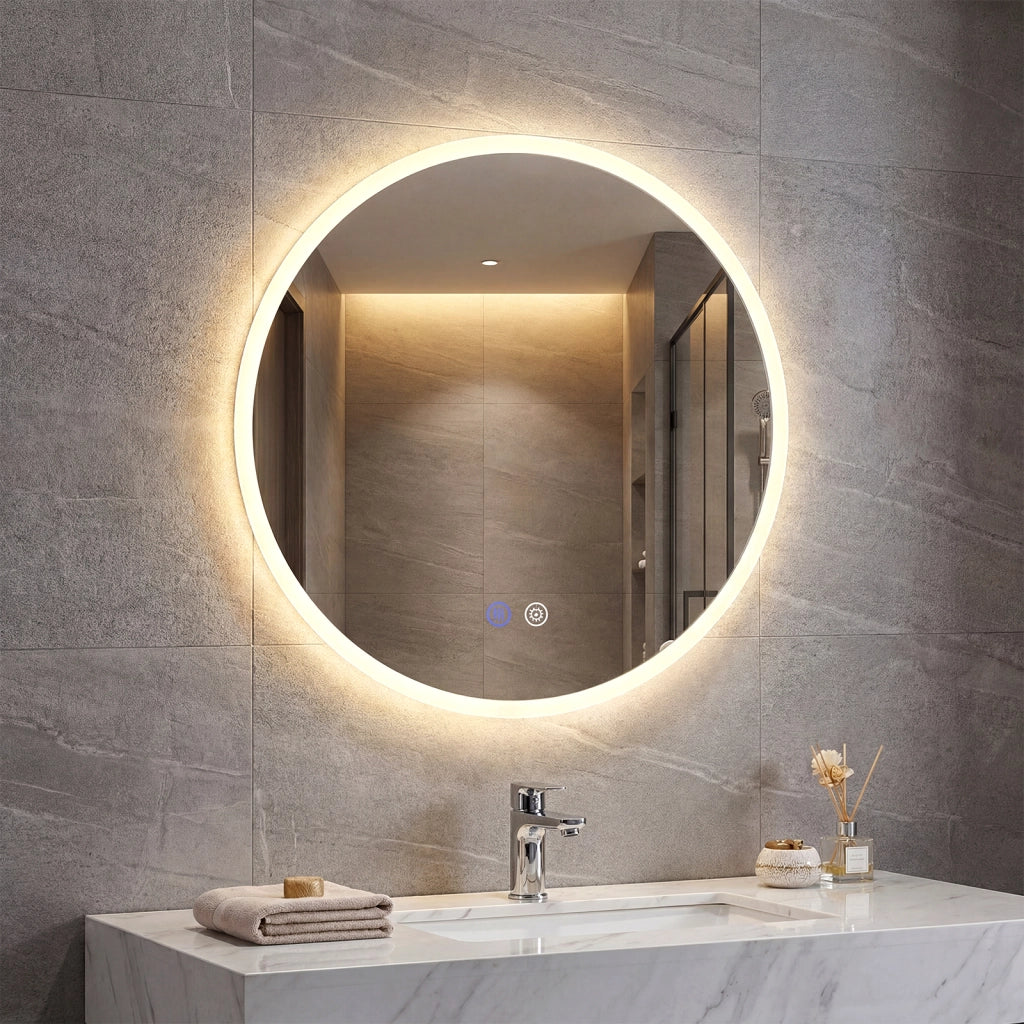 Specchio led bagno rotondo parete vetro temperato 3 colori, Specchio trucco dimmerazione anti-appannamento memoria 60 cm