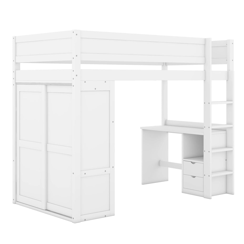 Letto a soppalco 90 × 200 cm con scrivania armadio due cassetti e rete a doghe in legno e MDF bianco