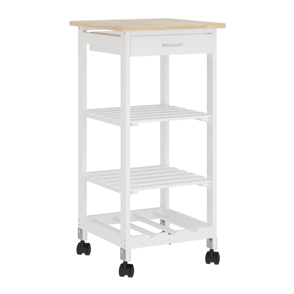 Carrello Portaoggetti Biel con Cassetto 3 Ripiani e Griglia Portabottiglie 76x37x37 cm - Bianco / Effetto Legno [en.casa]
