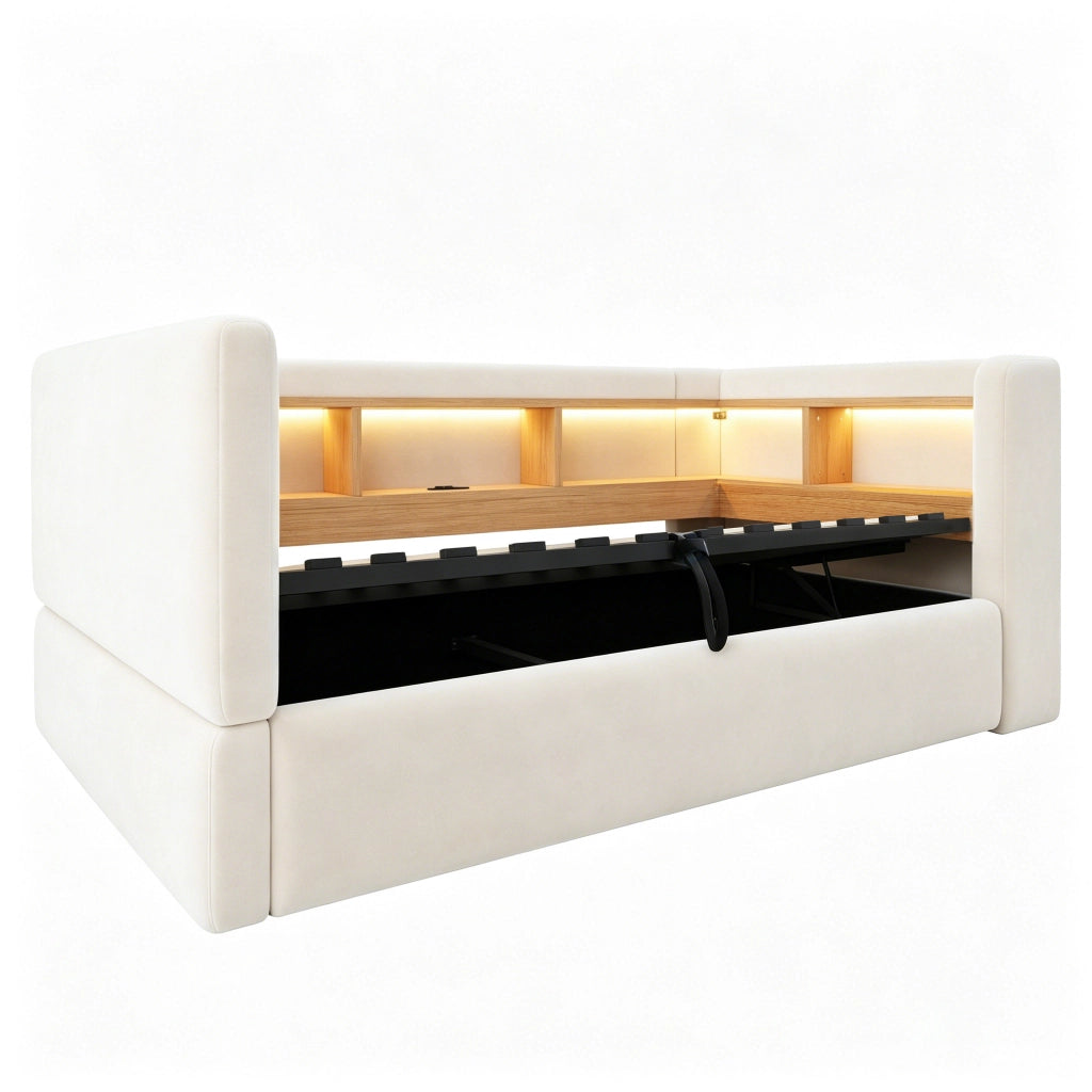 Letto imbottito trasformabile 90x190 cm con contenitore idraulico, LED, prese e rivestimento beige