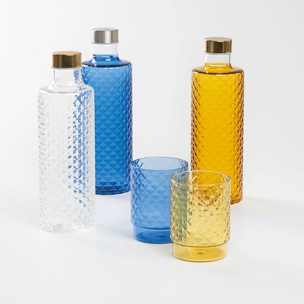 Isolano Bottiglia in Vetro Borosilicato Soffiato con Decorazione a Effetto Diamantato e Tappi Intercambiabili Oro e Argento Trasparente Artigianale