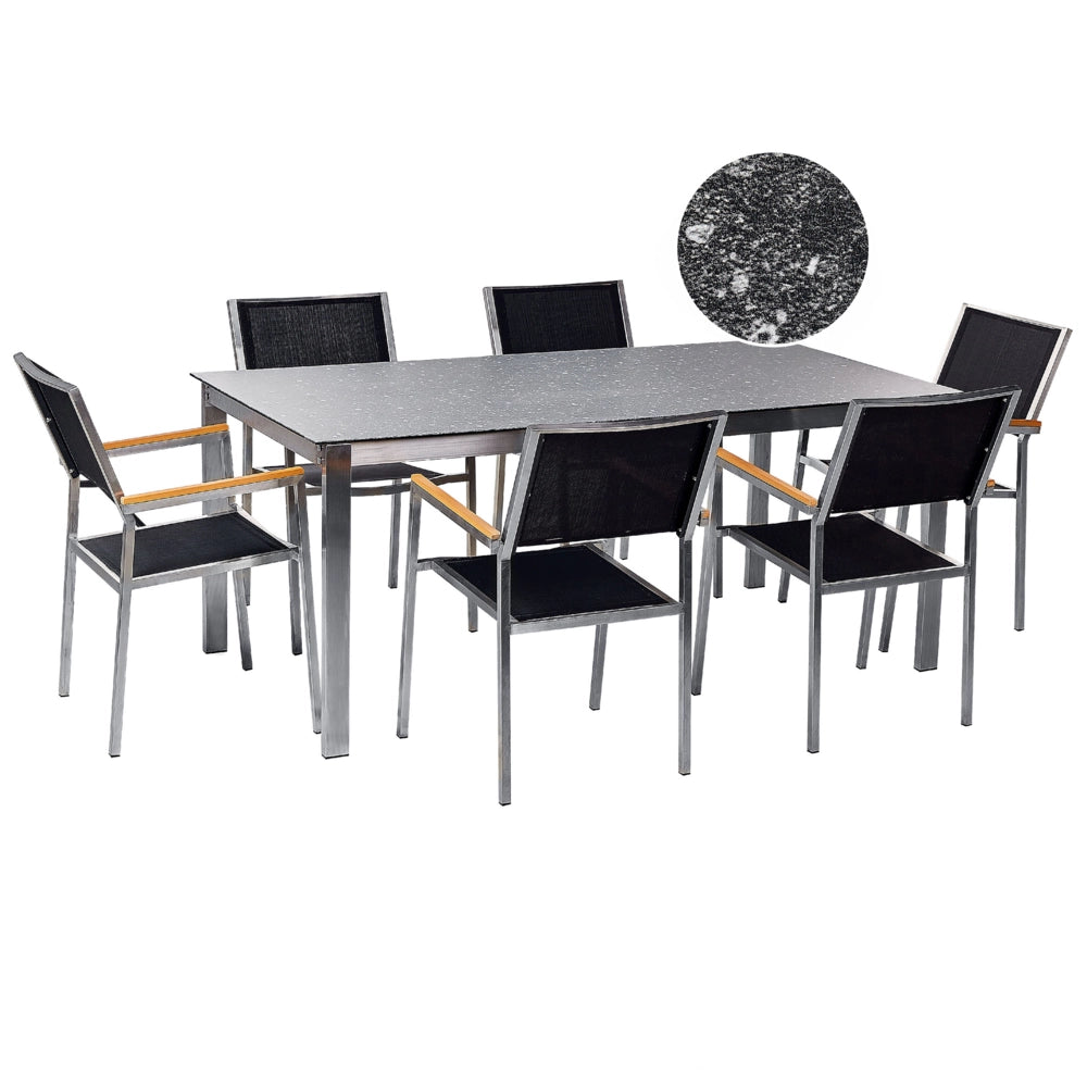 Set da giardino con 4 posti in acciaio inox con tavolo piano con effetto granito e sedie in rattan nero esterno moderno set elegante