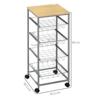 Carrello da Cucina Salvaspazio con 4 Cesti Estraibili in Legno e Acciaio, 36.5x36.5x89 cm, Argento e color Legno