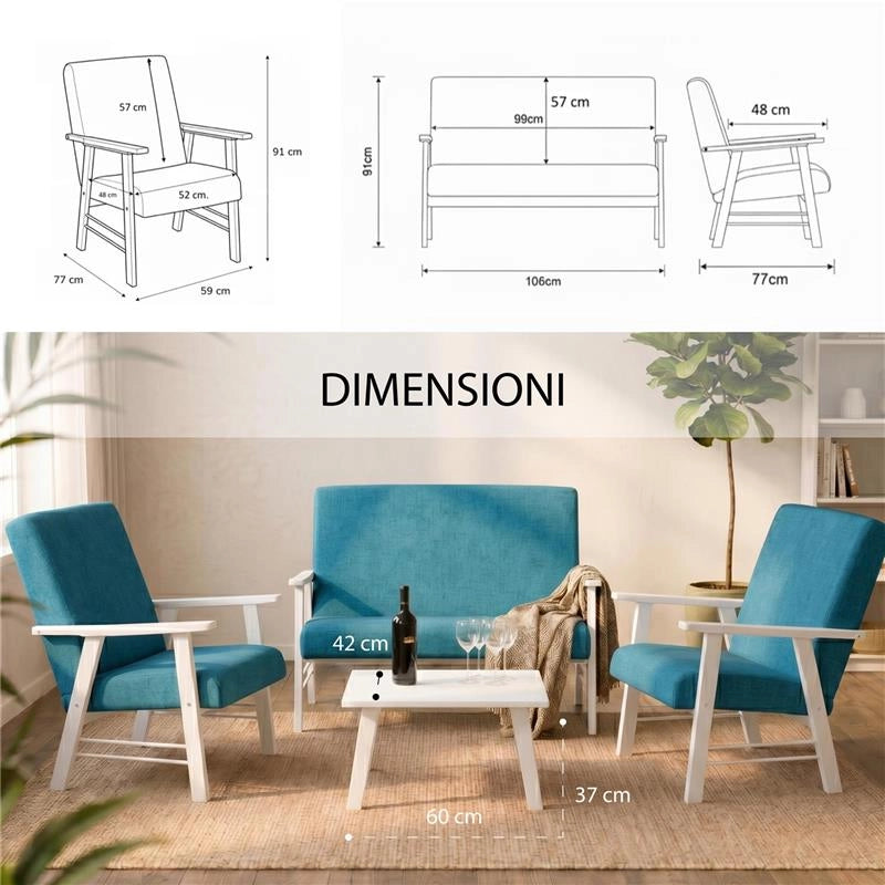 SET SALOTTO DA GIARDINO CON DIVANO, 2 POLTRONE + TAVOLINO IN LEGNO BIANCO E TESSUTO COLORE PETROLIO