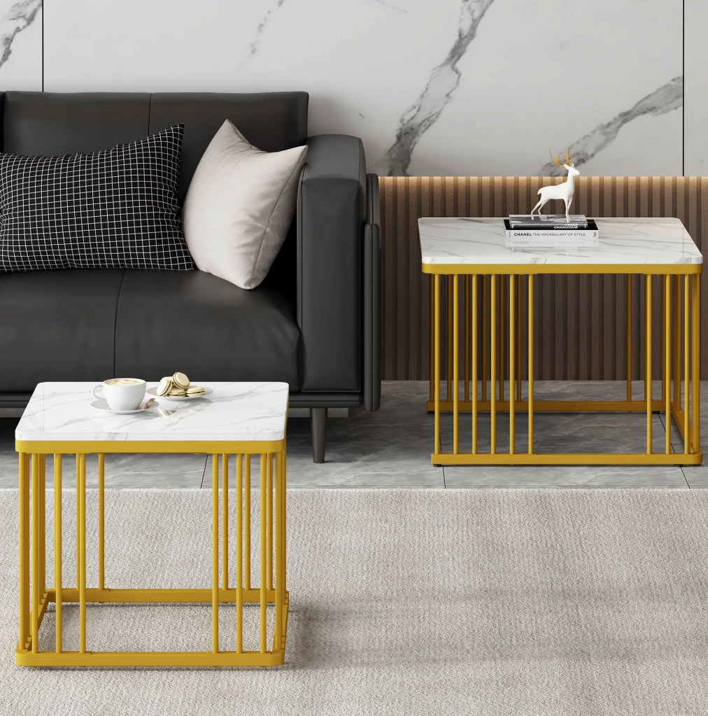 Set 2 tavolini da caffè quadrati effetto marmo bianco
