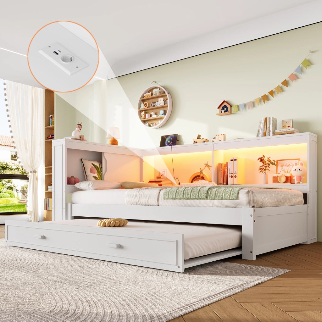 DESMIU Letto Divano 90 × 200 cm 1 posto con letto estraibile, LED, presa, USB e Type-C, senza materasso, bianco