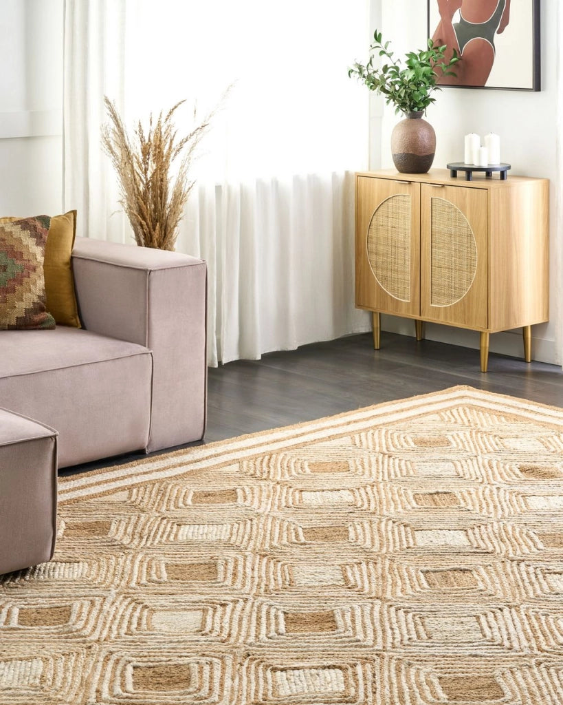 Tappeto area Beige Juta 300 x 400 cm Tessile intrecciato fatto a mano in stile boho naturale
