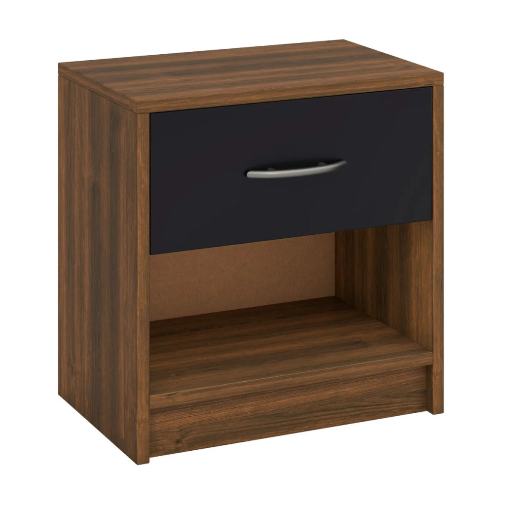 Comodino compatto 38,5 x 28 x 40,5 cm con cassetto e ripiano aperto stile moderno in legno precomposto marrone e nero 20_0013942