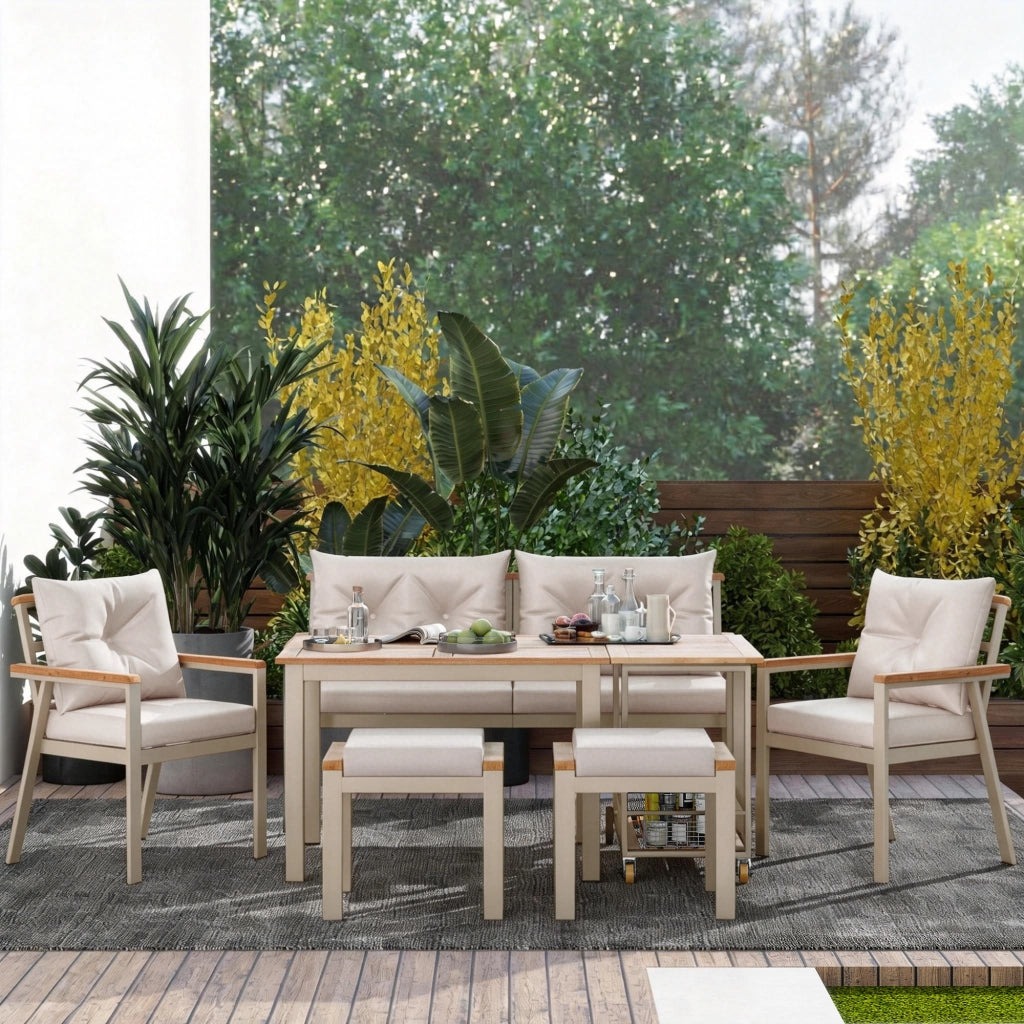 Set Tavolo e Sedie da Giardino con 1 Divano 2 Posti; 2 Sedie; 2 Sgabelli; 1 Tavolo e 1 Carrello; Acacia; Metallo e Tessuto; Beige e Naturale