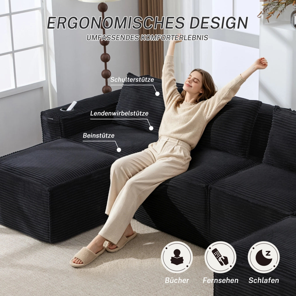 Divano modulare a 4 posti in tessuto a coste con 2 pouf, portabicchieri e tasche laterali, nero 330 × 162 × 75 cm